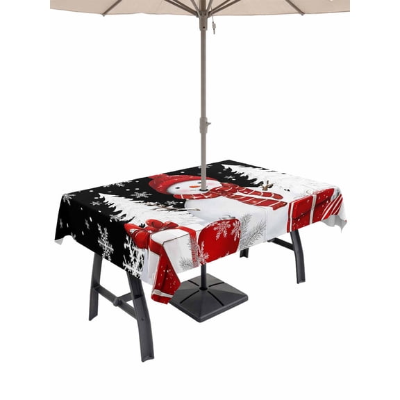 Outdoor Tablecloth with Umbrella Hole and Zipper, Black Plaid Christmas Rectangle Table Cloth 60x84 Inch Waterproof Tablecloth, Snowman Gifts Xmas Tree Winter Snowflake Picnic Table Cover for Patio
