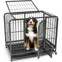 IHOMEPARK 42 inch Heavy Duty Dog Crate with 2 Lockable Wheels for Medium Dogs Indoor, Double Door Dog Cage Kennel with Removable Cleaning Tray