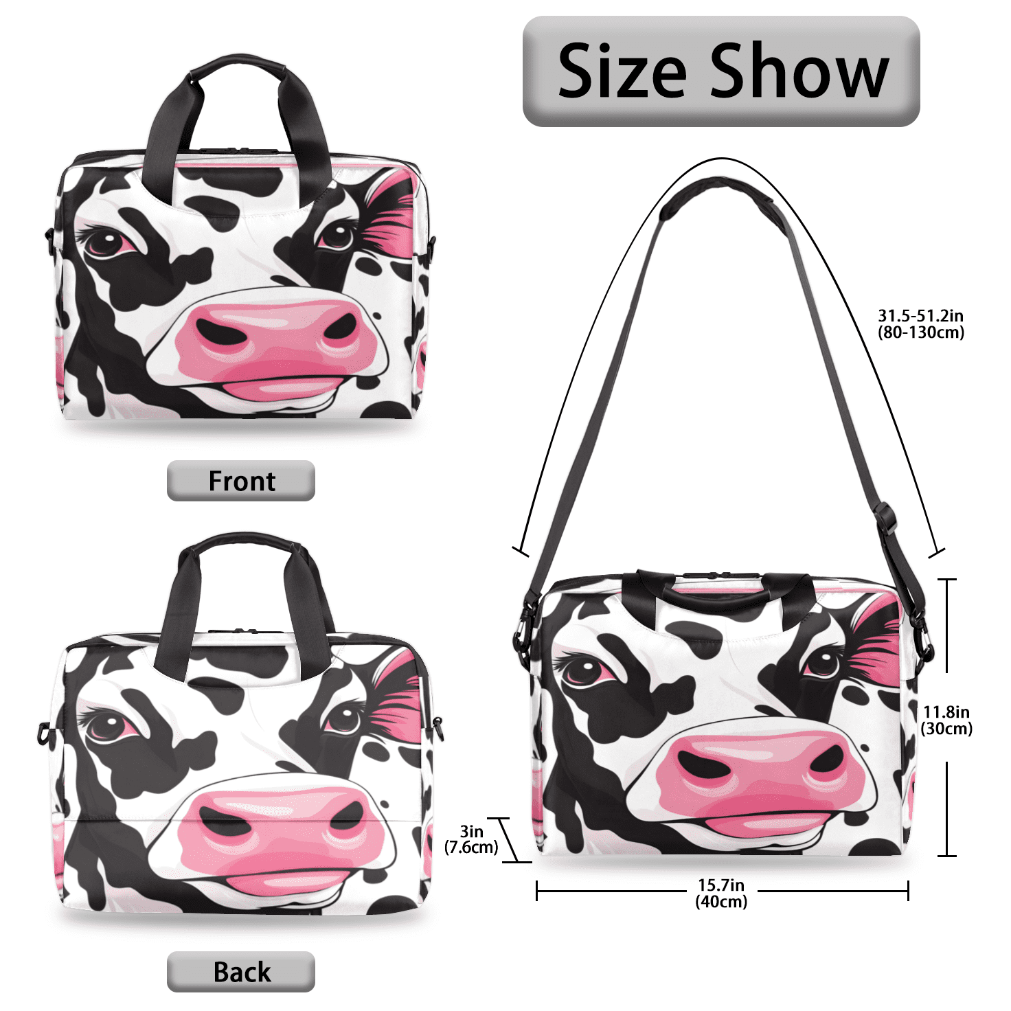 Herdesigns Cow Laptop Bag for Women Men, Computer Case Briefcase Messenger Bags, 15-15.6 inch Laptop Sleeve Shoulder Bag