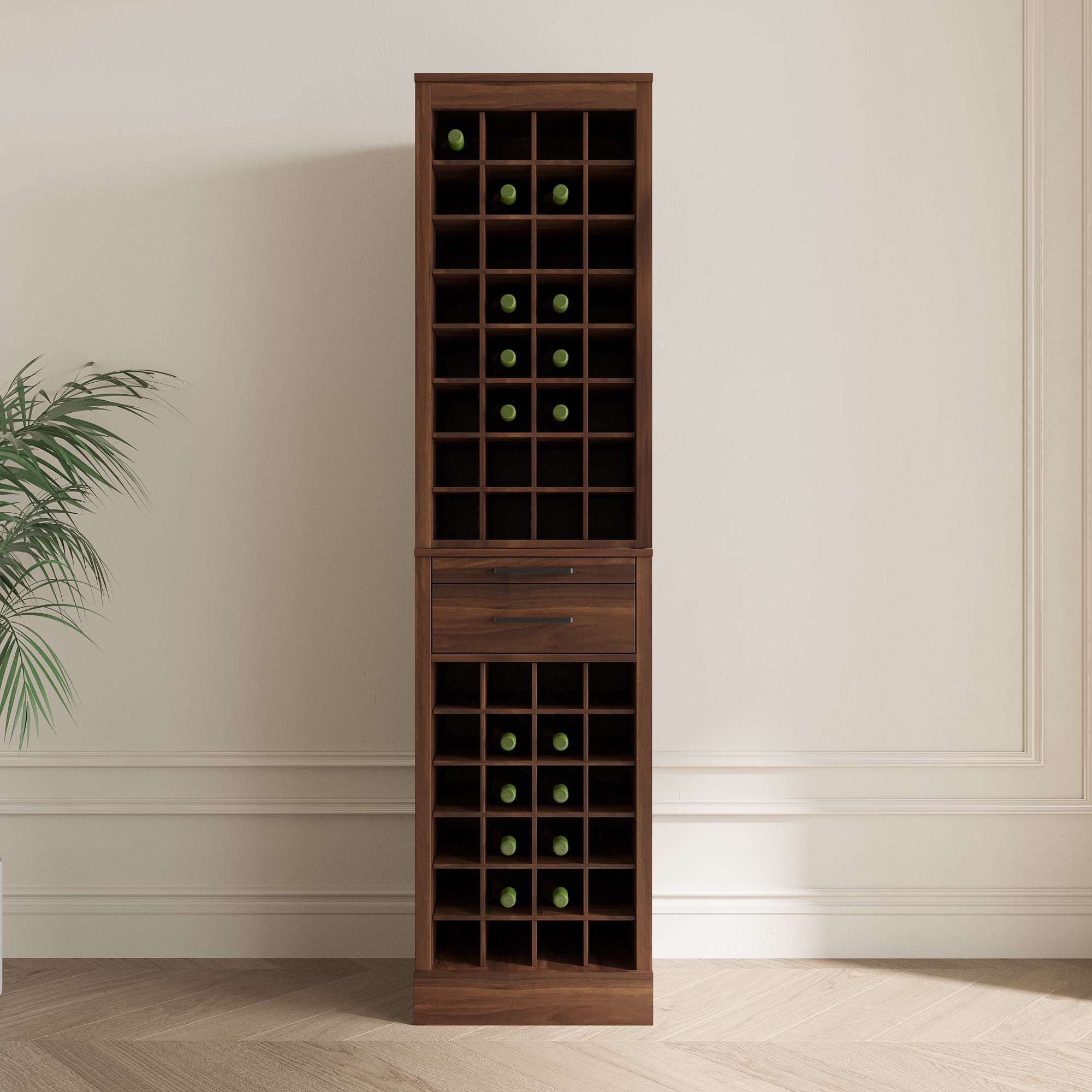 Wine Storage Cabinet Holds 32 Bottles, Modular Bar Cabinet or Buffet for Home Bar, Brown Walnut Finish, Designated Slots for Bottle Organization