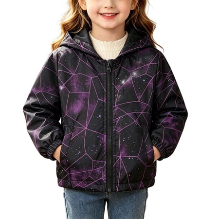 Girls Space Print Lightweight Nylon Jacket Hooded Water Resistant Windbreaker Purple Sizes 2T-7 Size 4 T