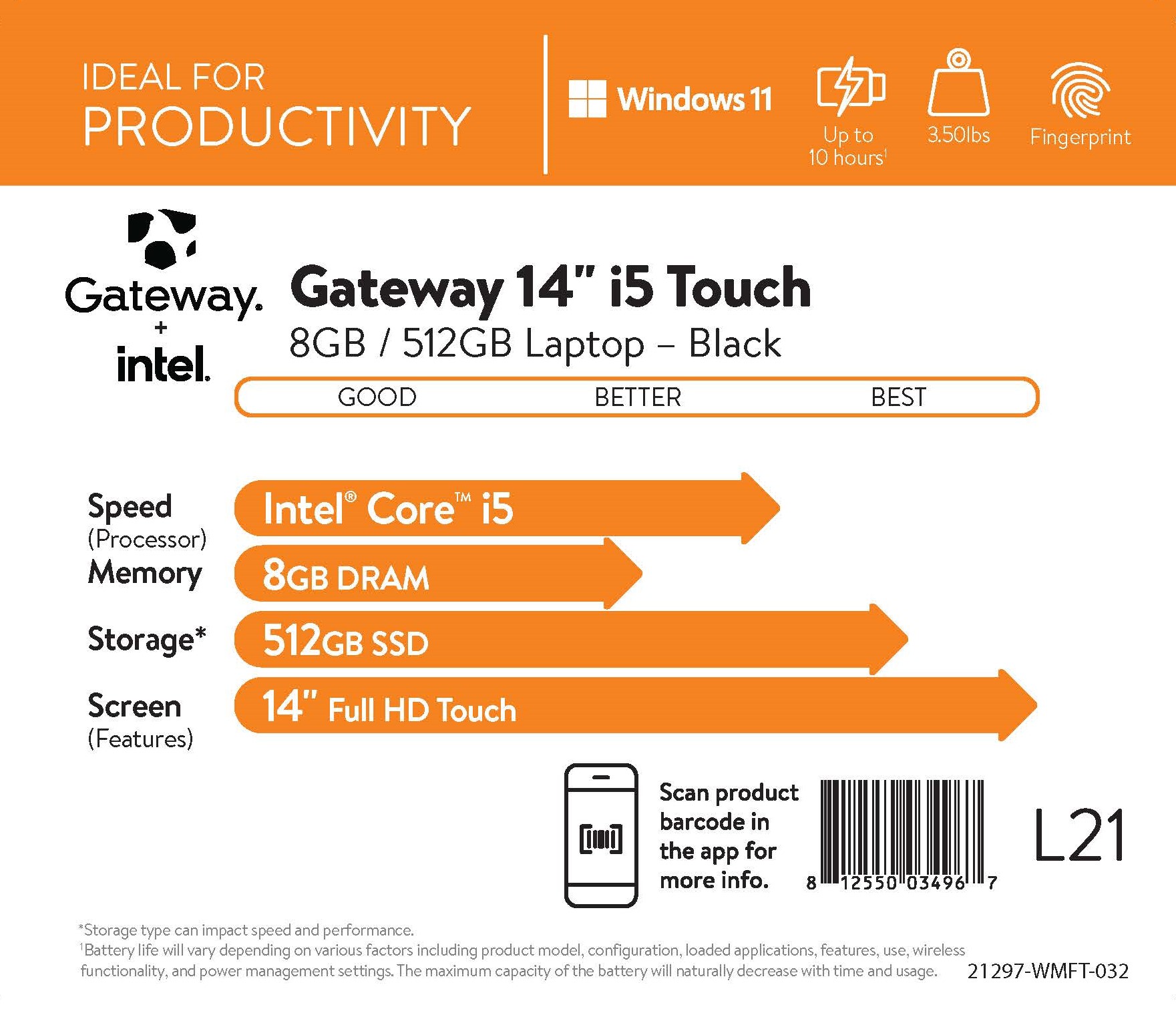 Gateway 14.1" Ultra Slim Notebook, FHD Touchscreen, Intel Core i5-1235U, 8GB RAM, 512GB SSD, Fingerprint Scanner, Tuned by THX Audio, 2MP Camera, HDMI, Windows 11, Black - image 3 of 14