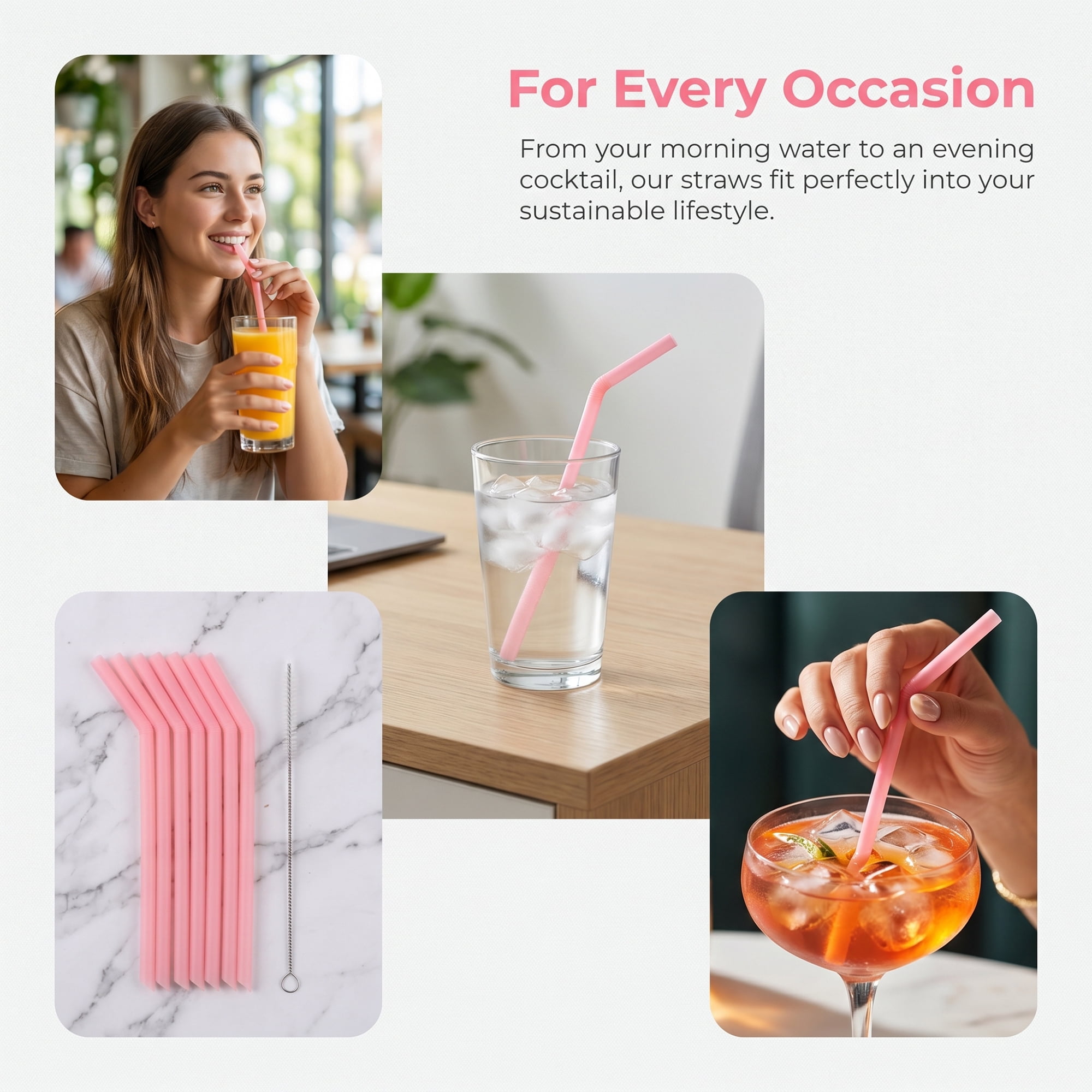Unique Bargains 8Pcs Reusable Silicone Dishwasher Safe Long Drinking Straws Pink B