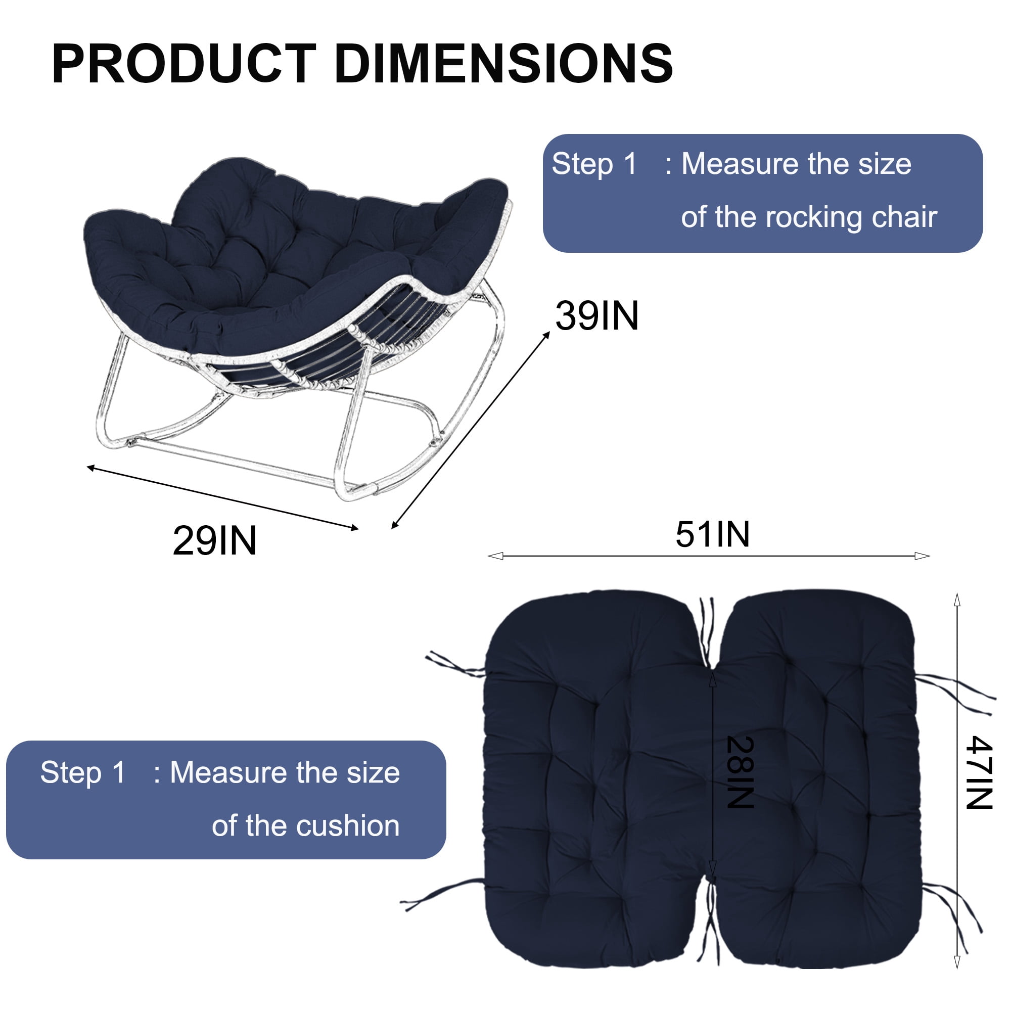 Outdoor Rocking Chair Cushions 6.3" Thick, Waterproof Papasan Chair Cushion, Fade-Resistant Patio Egg Lounge Chair Cushions for Indoor Outdoor Garden, Porch, Balcony