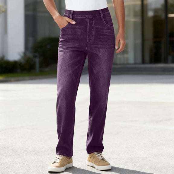 Xdegoge Women's Straight Leg Jeans Elastic Waist Full Length Pants Casual Stretchy Denim Pant Breathable Sport Cozy Streewear with Pockets