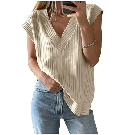 Juslio Women Sweaters Pullovers Sweaters vests Sweaters V Neck Sleeveless Fashion Beige