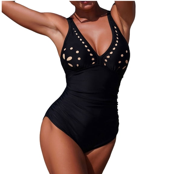 YUGYXL Women's Backless One Piece Swimsuit V Neck Cut Out Tummy Control Bathing Suit Comfort Solid Tankini Swimwear Black XL