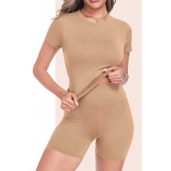 Cagogo Women's 2 Piece Shorts Set Casual Summer Workout Yoga Outfits Loose Short Sleeve Crew Neck Tops Comfy Bike Shorts Matching Lounge Sets Tracksuits Clothes, Khaki S