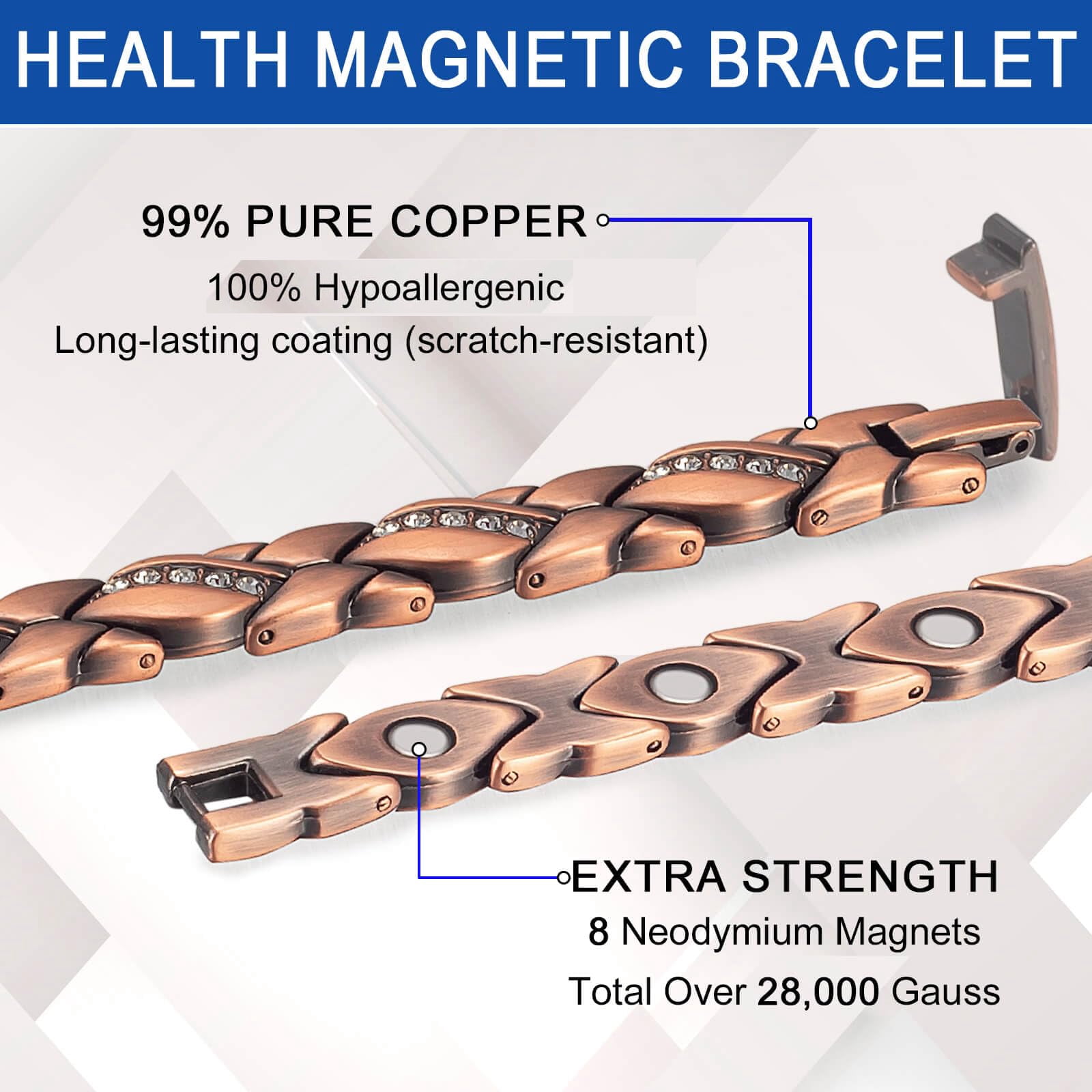 Wollet Copper Magnetic Anklets for Women,10'',  CZ Stone, Health Christmas Gift for Mom Wife Daughter, Width:0.37''