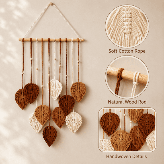 Boho Leaf Macrame Wall Hanging, Handwoven Cotton Rope Tapestry with Layered Tassels and Wooden Beads for Bedroom, Living Room and Office 23.62x15.75in