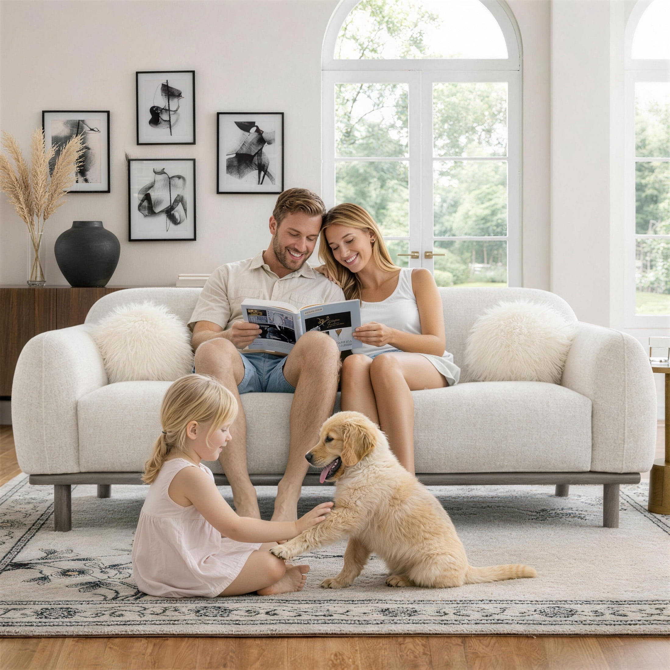 Aukfa 84" Contemporary Sofa, 3 Seater Couch for Living Room, Chenille, White