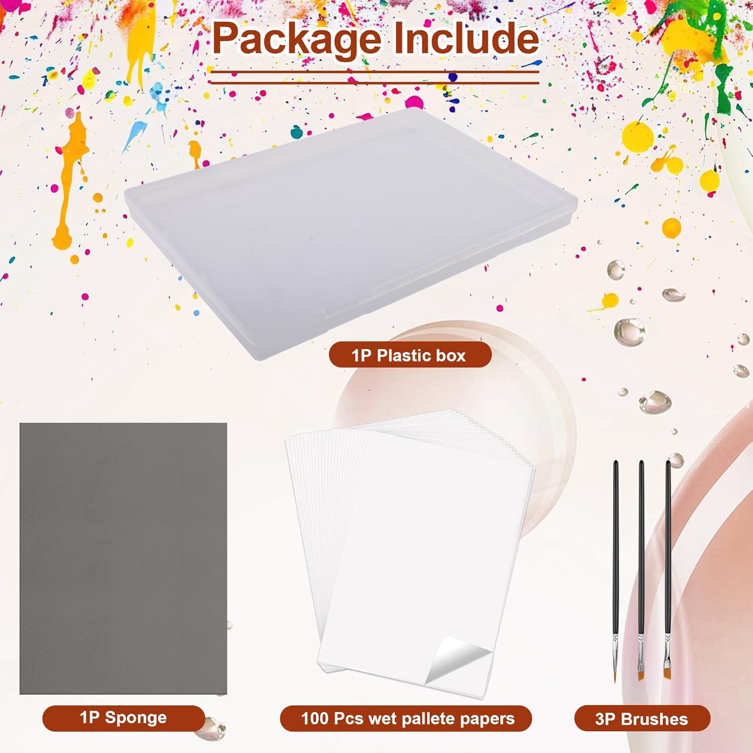 105P Stay Wet Palette for Acrylic Painting Kit, Portable Wet Palette Tray Box Keep Moist Palette for Painting Miniatures Paint Pallet with 100P Palette Paper, 1 Keep Moist Sponge, 3P Brush