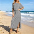 thumbnail image 4 of Dvprdro Off Shoulder Midi Dress for Women Short Sleeve Elastic Waist Side Pockets Side Split Solid Color Summer, 4 of 9