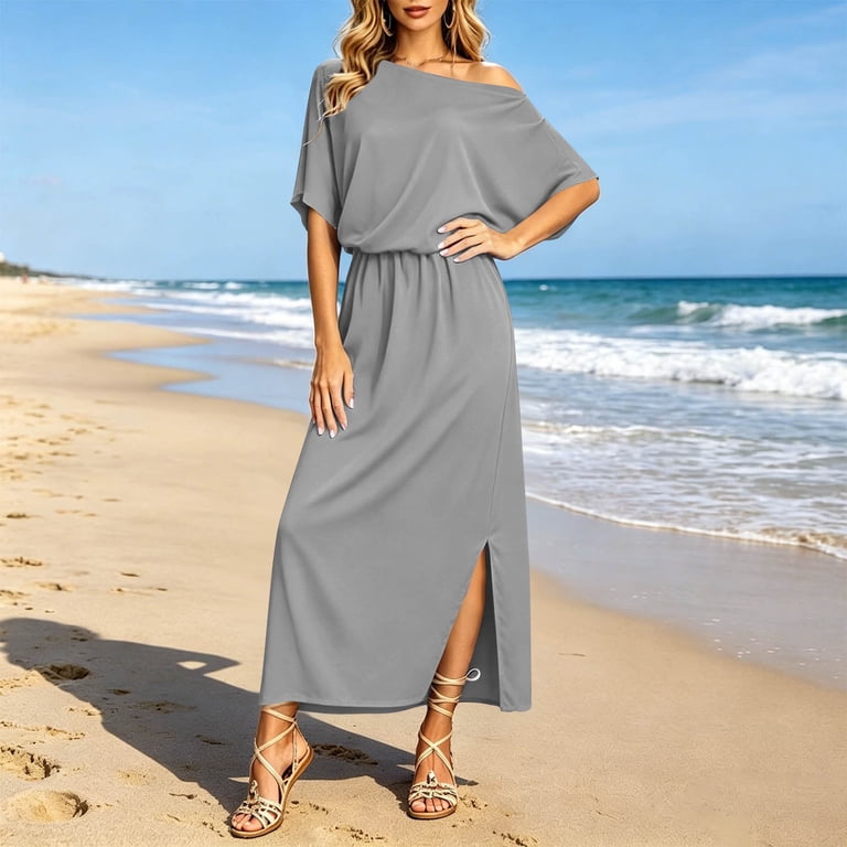high slit dress casual Pariaura Women's Vacation Casual Printed Halter Backless High Slit Dress Beach Vacation Dress