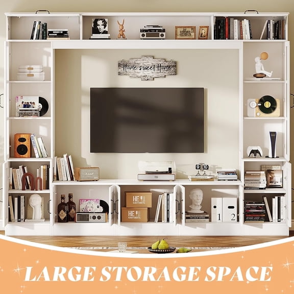 VANACC TV Stand with Storage for TVs up to 80", Modern TV Console with LED Lights, Entertainment Center with Bookshelves for Living Room, White