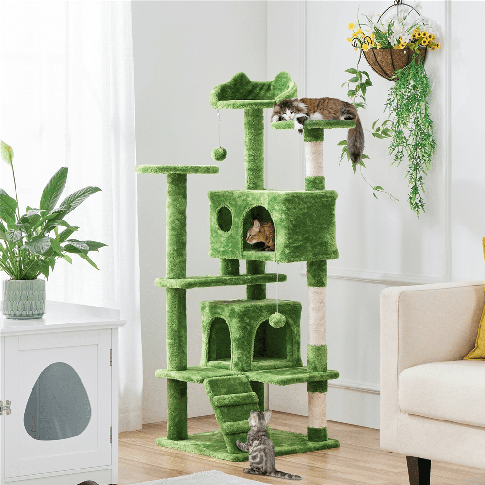 Alden Design Upholstered 6-Level 54" Cat Tree with 2 Condos, Green