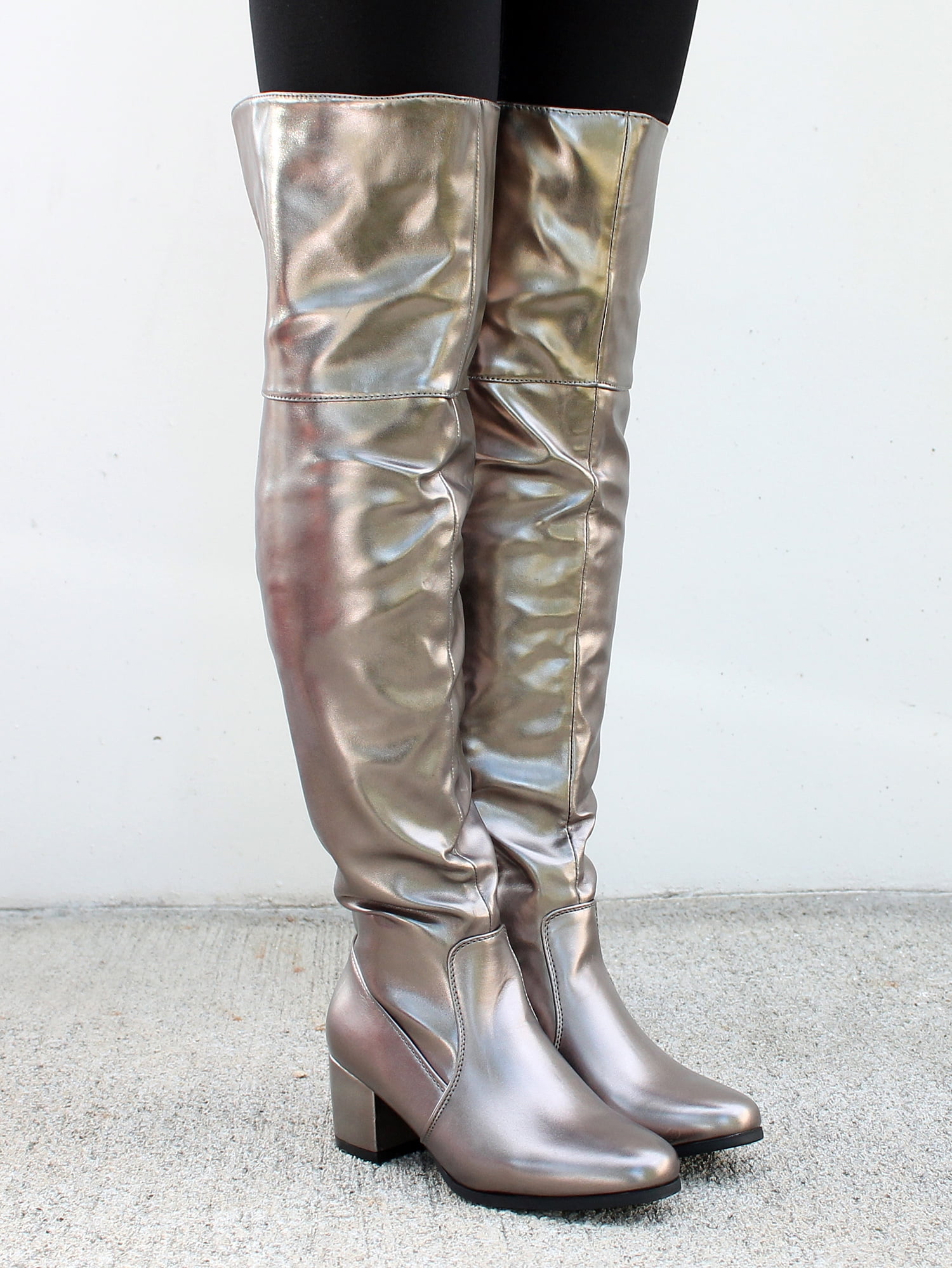 Womens Lady patent Leather pull on over the knee High Boots cuban heels shoes # 