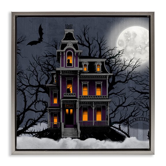 Stupell Industries Creepy Haunted Halloween House Holiday Painting Gray Floater Framed Canvas Art Print Wall Art, 25 x 25