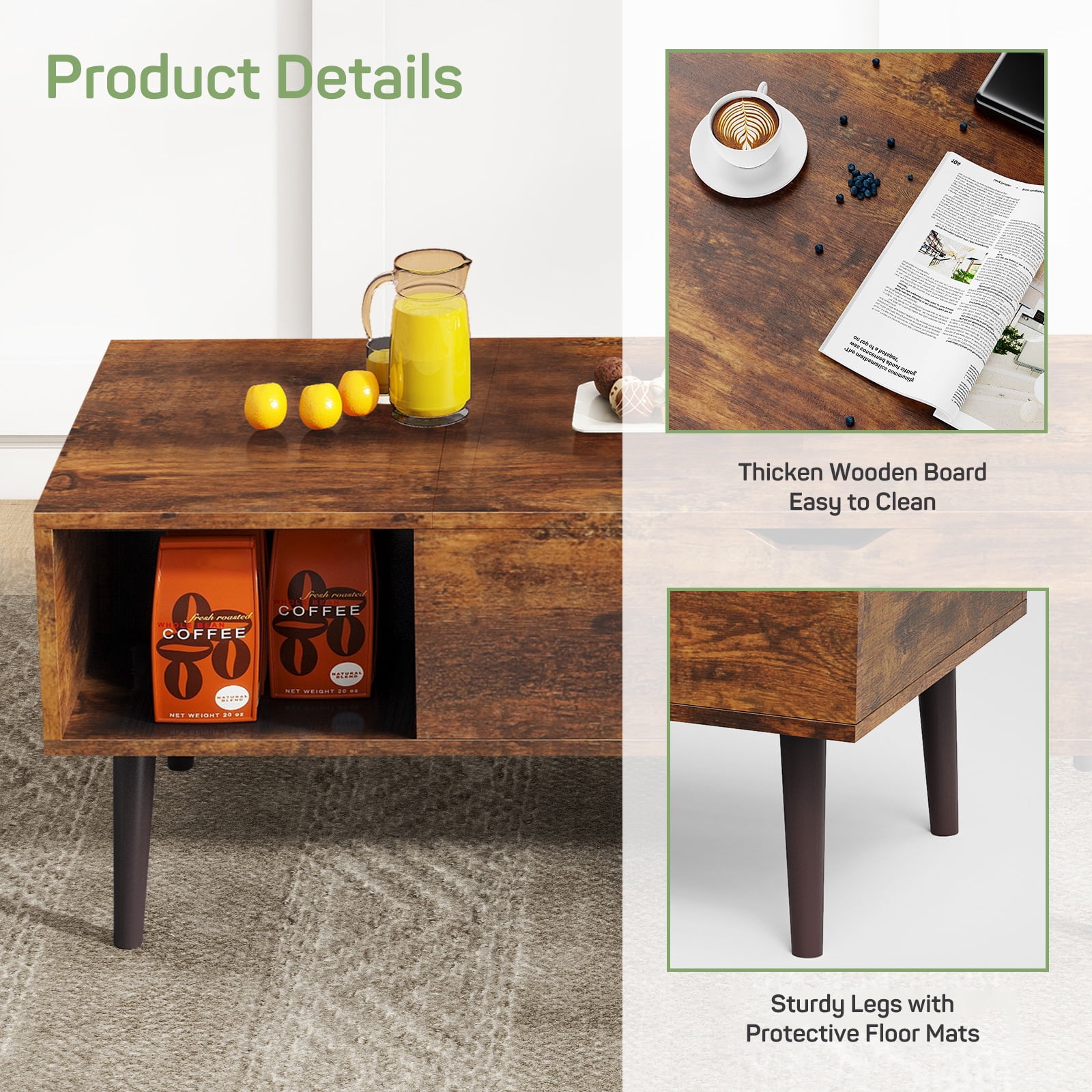 Casabay Lift Top Coffee Tables for Living Room, Small Modern Wooden Center Tables with Storage Shelf and Hidden Compartment