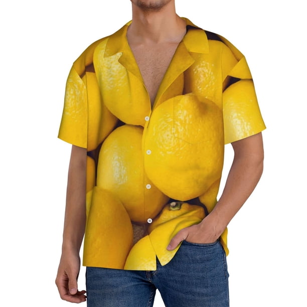 Balery Ripe Yellow Lemon Camisa Casual de Manga Corta con Botones para Hombre, Texturizada, Estilo Cubano, para Playa, Verano-3X-Large
