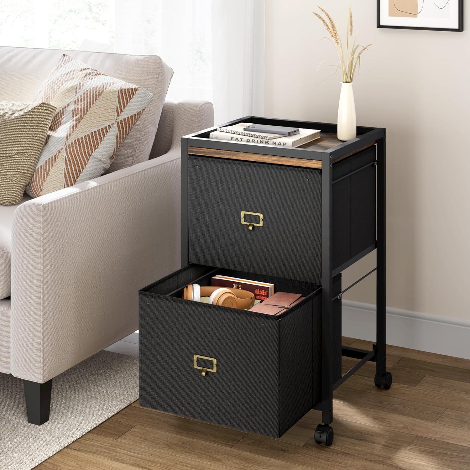 Mobile File Cabinet with Drawers & Wheels, Fabric Vertical File Cabinet with Open Storage Shelves