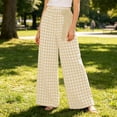 thumbnail image 6 of Miluxas Women's Gingham Plaid Pants Elastic High Waist Wide Leg Pants Tie Bow Decor Loose Casual Trousers with Pockets Summer Beach Loungewear Khaki, 6 of 6