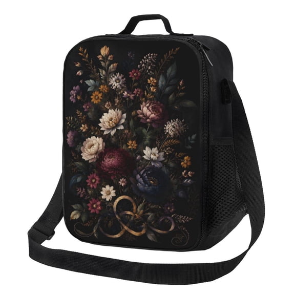 Dark Floral Bouquet Lunch Bag Insulated Thermal Lunch Box with Shoulder Strap & Handle for Women and Men