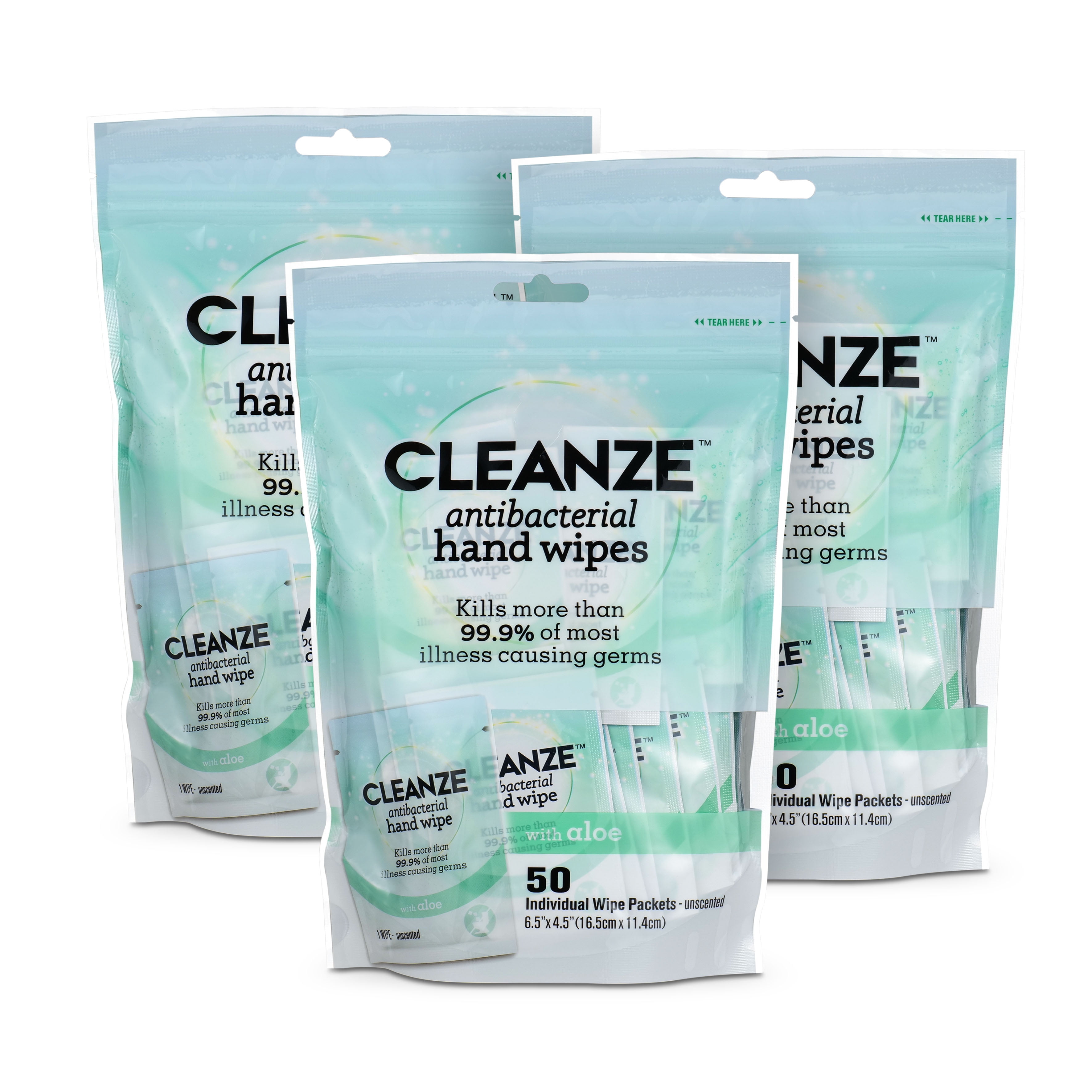 Cleanze Individually Wrapped Antibacterial Hand Wipes - 150ct Bundle (3 x 50ct)