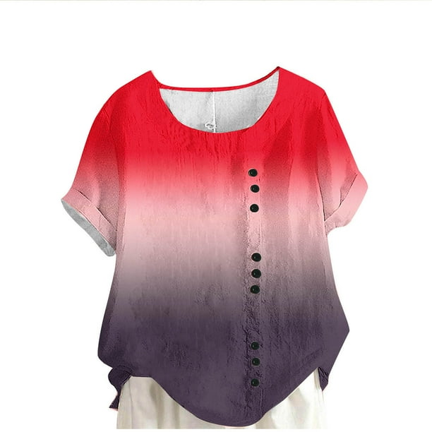 Vestidos Casuales Para Mujer, Blusas De Mujer De Moda Blusa informal de lino con botones y manga corta estampada para mujer