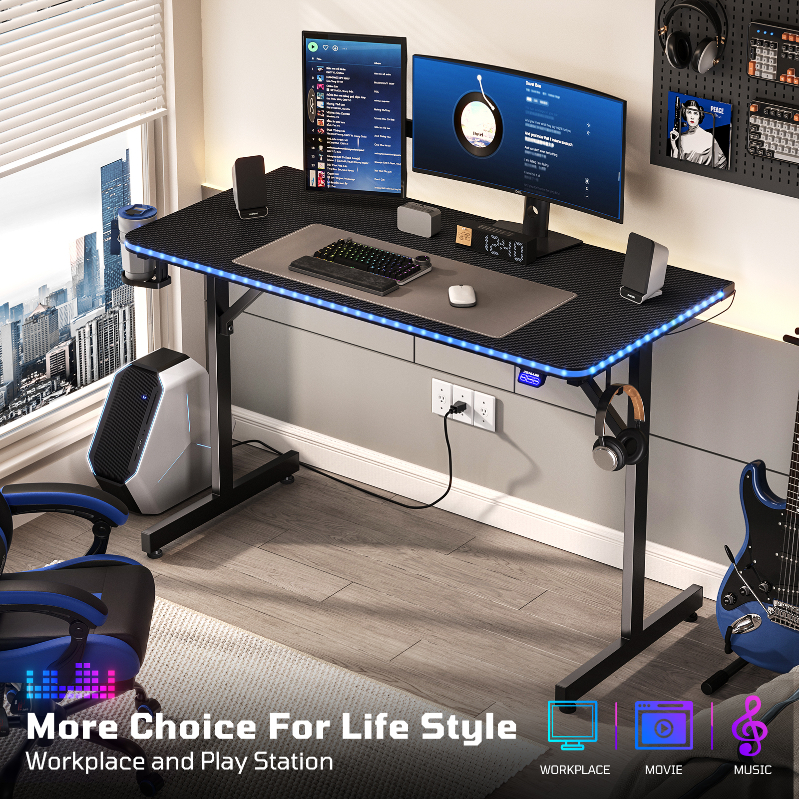 RSPGAME 43.5" Music Sync LED Gaming Desk, Black photo 7