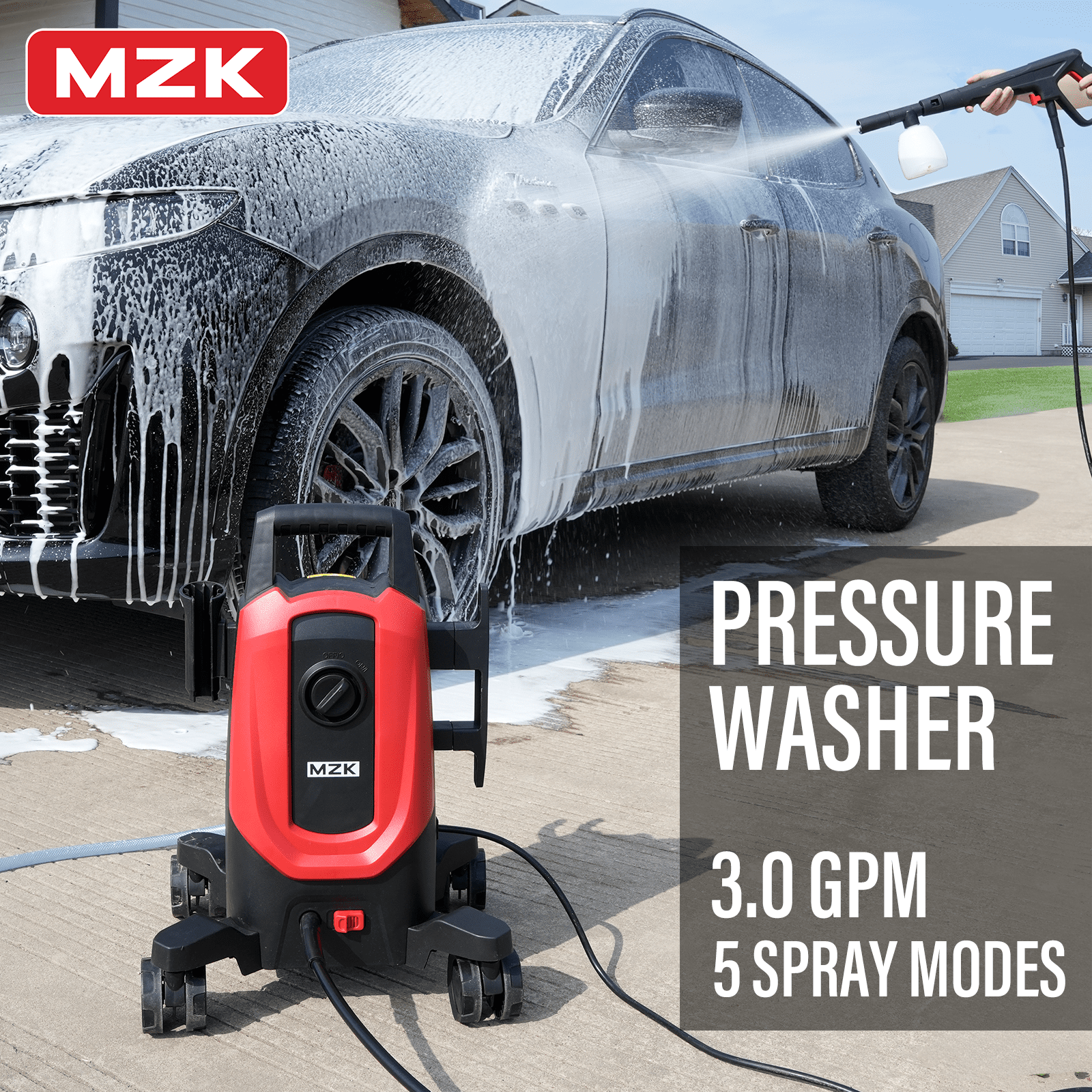 MZK Electric Pressure Washer, 3.0GPM Power Washer with 360° Lockable Wheels and 4 Quick-Connect Nozzles, Foam Cannon for Easy Replacement, High-Pressure Cleaning of Cars, Fences, Driveways, Patios