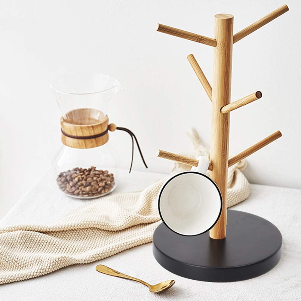ZECATL Bamboo Mug Rack Coffee Mug Tree Coffee Cup Holder Coffee Bar Accessories with 6 Hooks