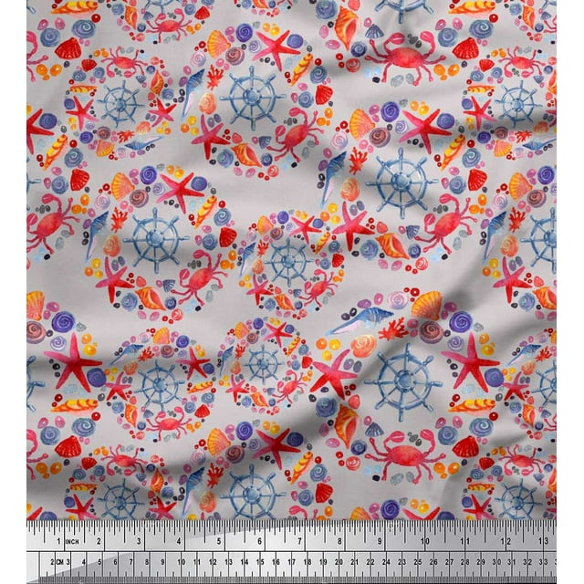 Soimoi Grey polyester Crepe Fabric Ship Wheel,Starfish & Seashell Ocean Print Fabric by Yard 52 Inch Wide