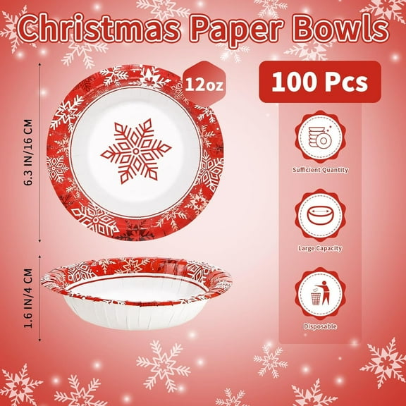 YUYAN-100 Pcs Christmas Paper Bowls 12 Oz Disposable Red Snowflake Dessert Bowls Red White Christmas Snow Salad Soup Bowl for Winter Xmas Holiday Party Decorations