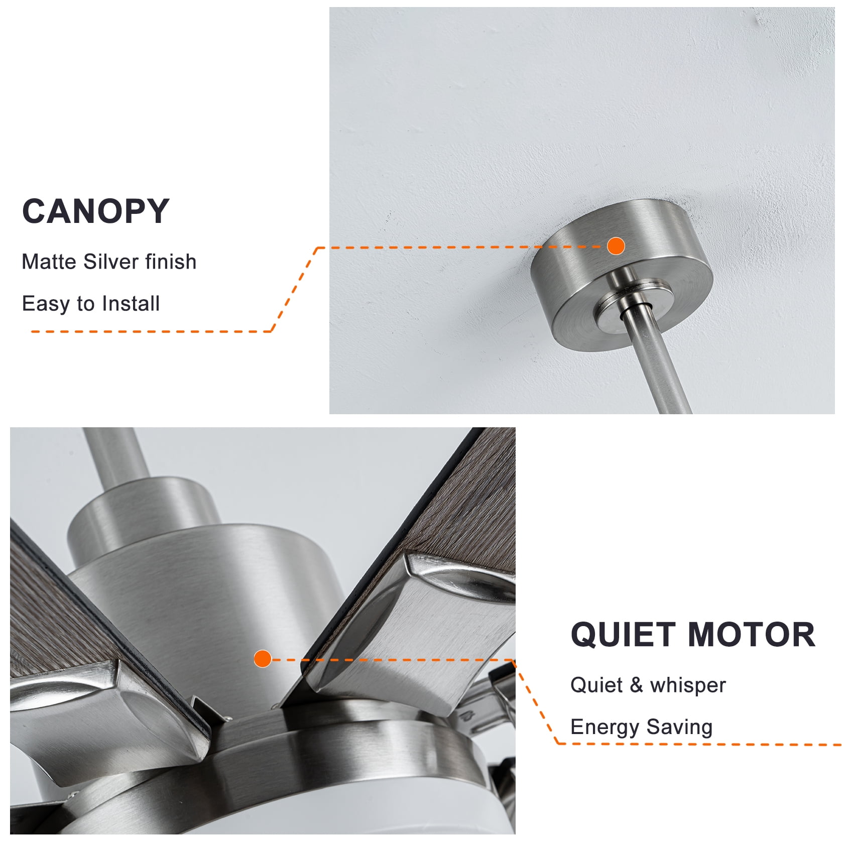 Mintazer 72 in Ceiling Fan with Lights and Remote, Modern Ceiling Fan with 6 Speed & 8 Blade for Farmhouse Bedroom Living Room Gazebo Patio, Silver