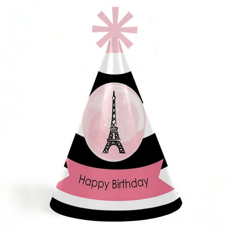 Paris, Ooh La La - Cone Paris Themed Happy Birthday Party Hats for Kids and Adults - Set of 8 (Standard