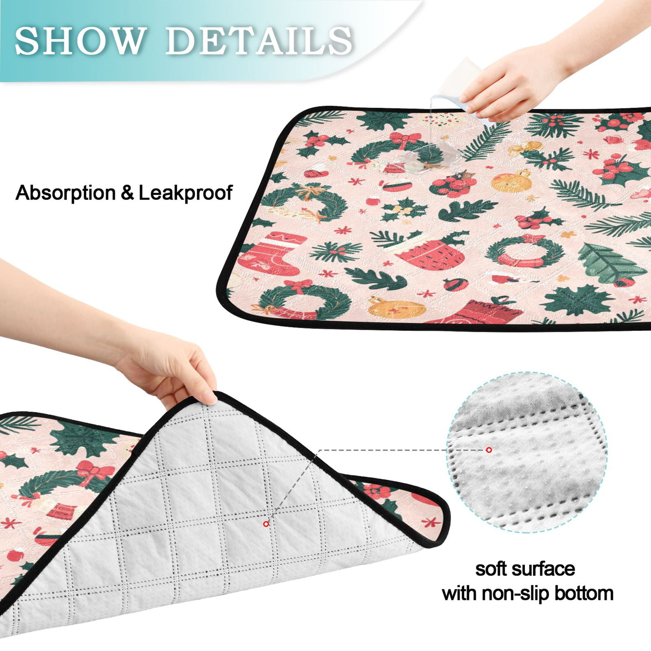 Qxltty A Pattern with Christmas Stockings and Green Leaves Cat litter Pads Pet Set of 3 Diaper Mats Center Anti-leakage Layer Absorbent Soft and Comfortable
