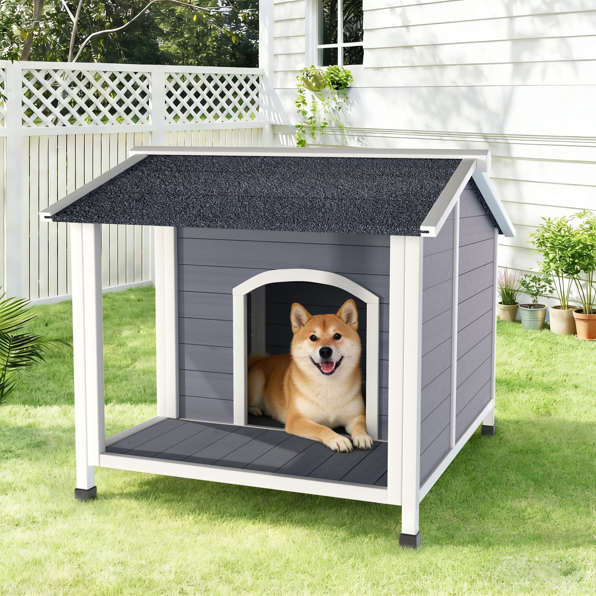 Outdoor Dog House, Weatherproof Wooden Dog Shelter with Asphalt Roof, Raised Floor Design, Easy Assembly, for Small to Medium Dogs