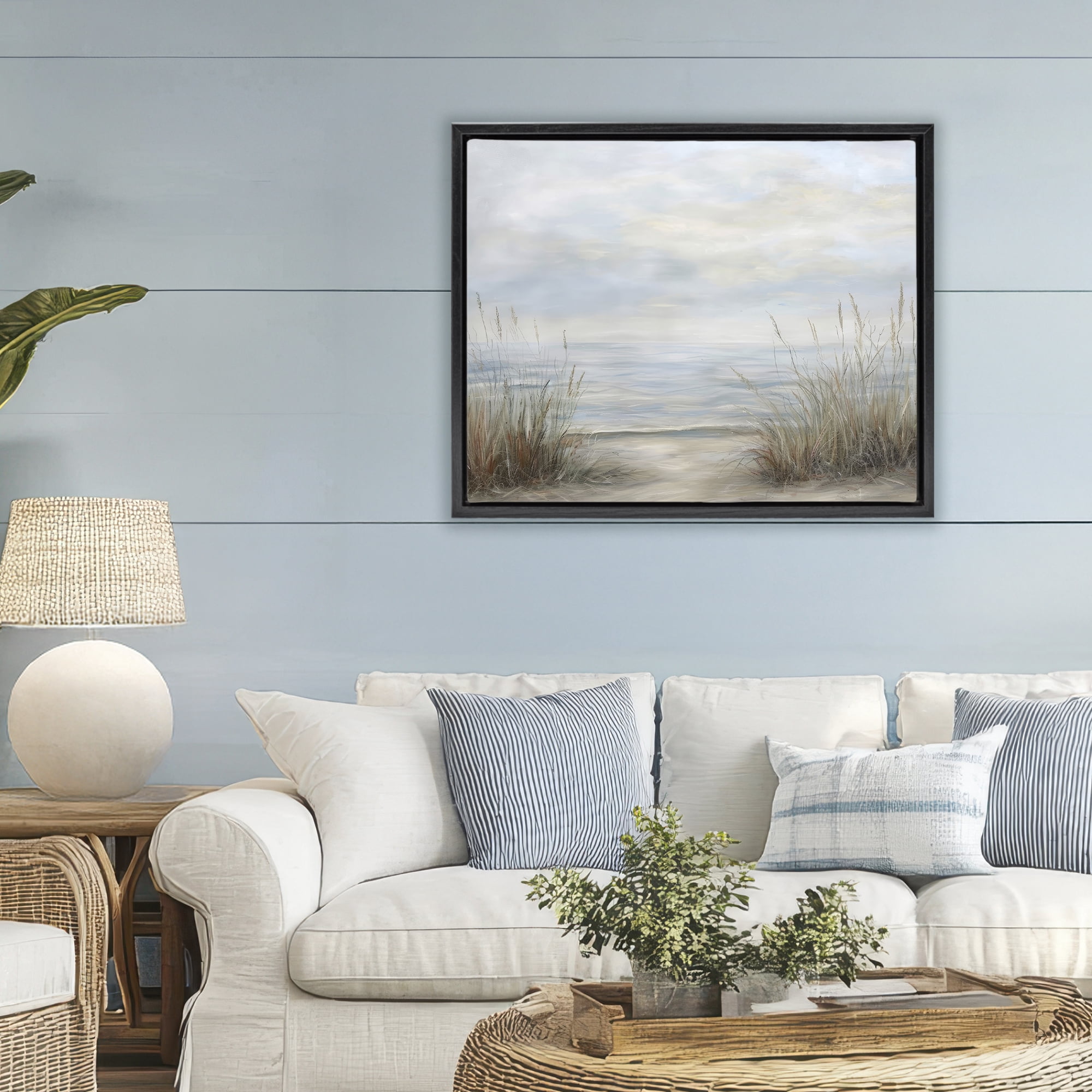 Stupell Industries Silent Beach with Seaside Dunes Black Framed Floater Canvas Wall Art, design by Petal Prints Design