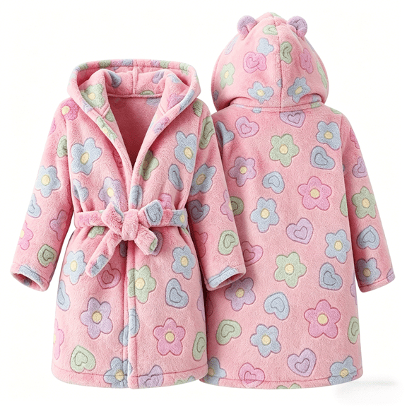 LYMAYTER Kids Girls Hooded Bathrobe for 1-7Y Girls Cozy Warm Robe Cute Graphic Print Sleepwear With Belt Robe