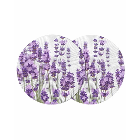 Round Woven Placemats set of 2, Purple Lavender Floral Washable&Heat Resistant Plastic Wipeable Placemats for Round Table Rustic Plants Kitchen Dining Table Decor, 13in,