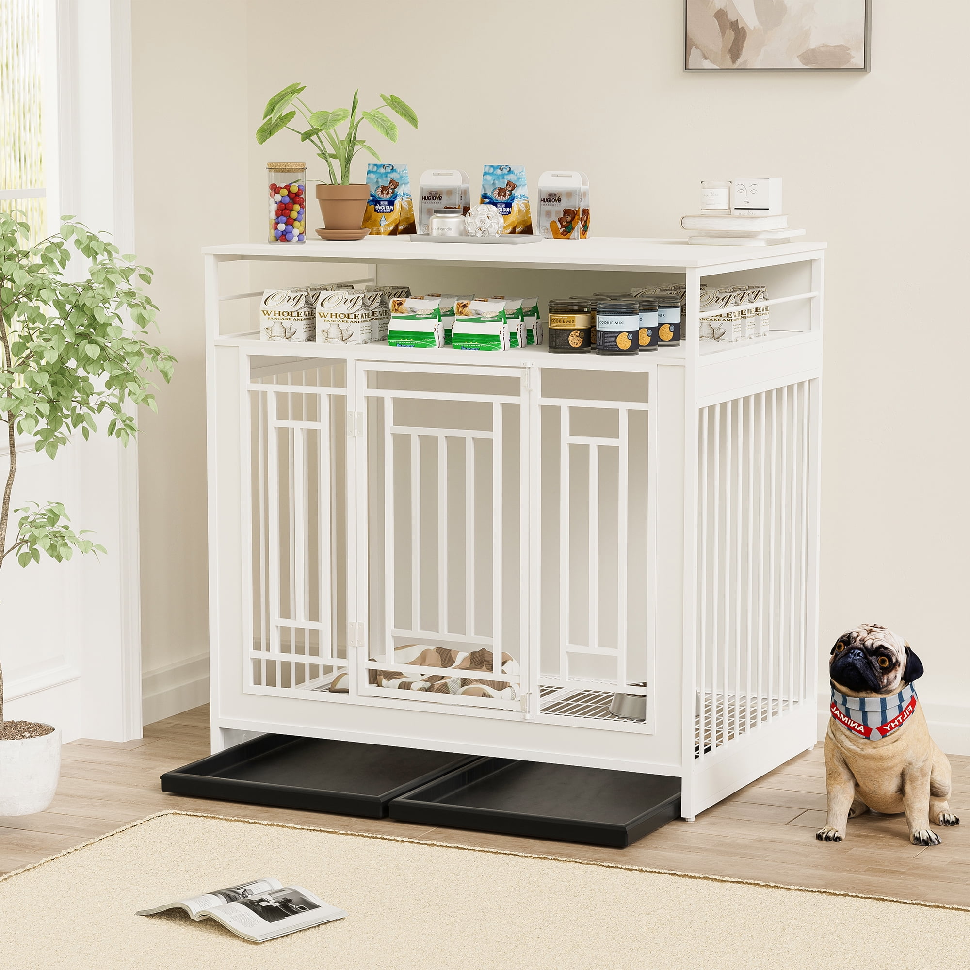 Aukfa 43.3" Dog Crate Furniture for Large Dogs,Wooden Dog Crate with Divider,White
