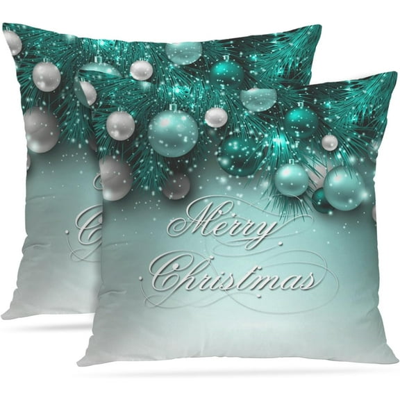 Throw Pillow Cover Blue Festive Christmas Holiday Teal Green Merry Decorative Pillow Case Home Decor Square 18 x 18 Inch Pillowcase