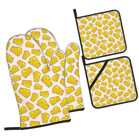 

Balery Cheese Pattern Oven Mitts and Pot Holders 4 pcs Set Kitchen Oven Glove High Heat Resistant 500℉ Oven Mitts with Non-Slip Silicone Surface