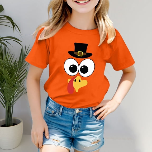 Trendfront Girls Thanksgiving Shirts Crewneck Fashion Casual Turkey Face Print Short Sleeve T-Shirts Summer Versatile Outfits
