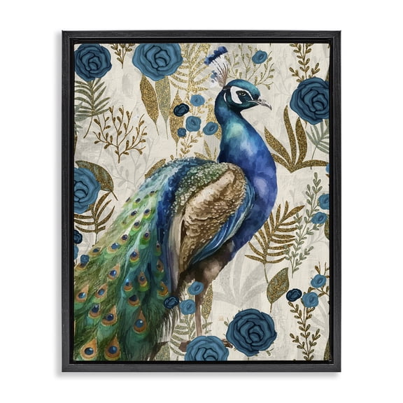 Stupell Industries Traditional Peacock Pride Botanicals Black Floating Frame Canvas Art, 17 x 21, by Kim Allen