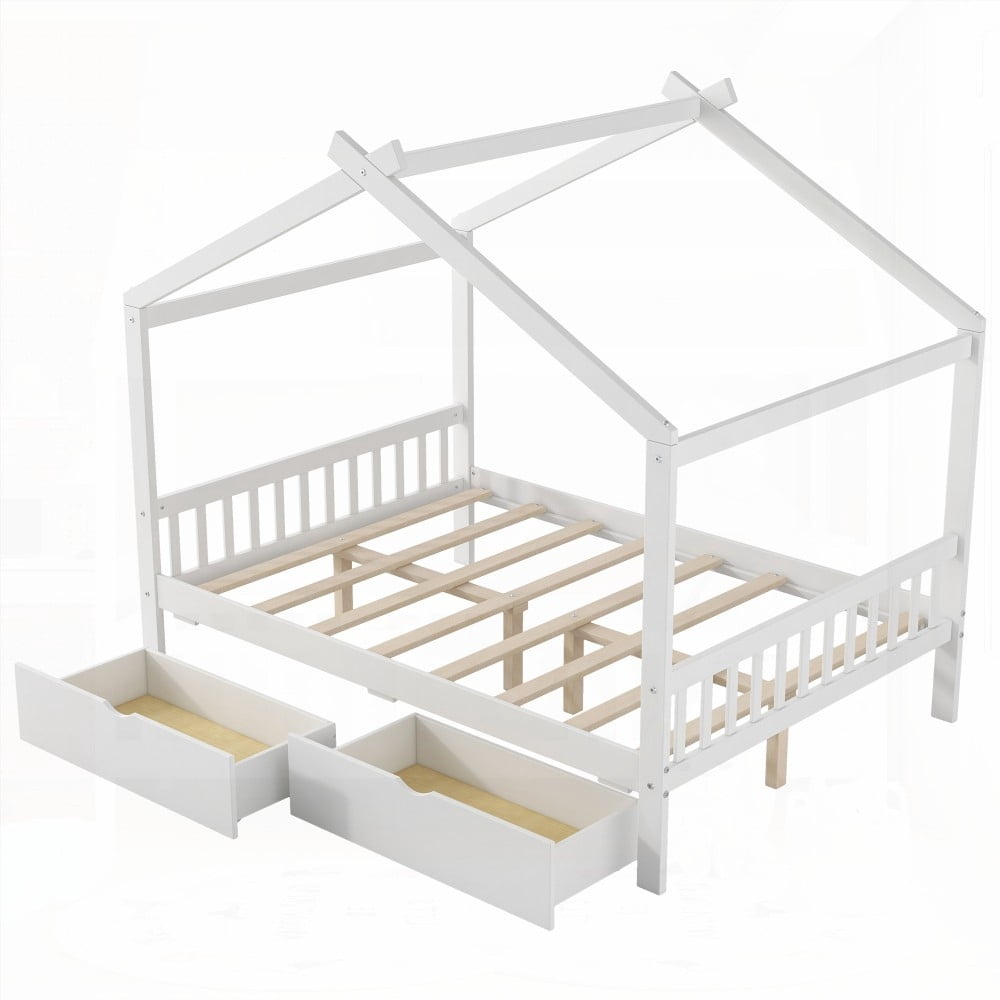 Full Size House Platform Bed with Storage & Roof Design|Two Drawers|White