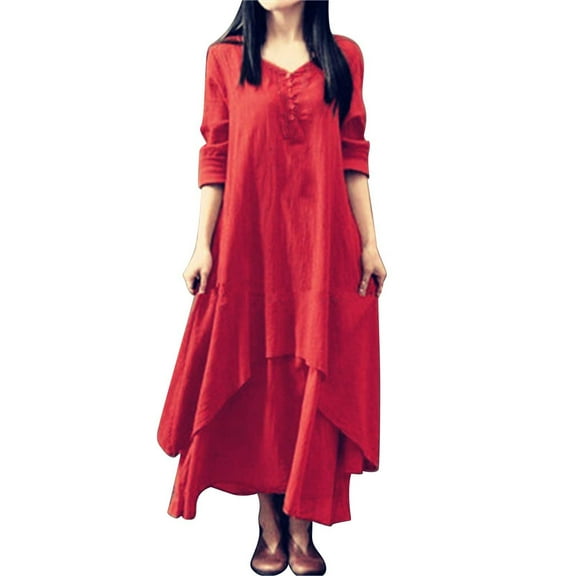 Bpxiofoy Long Sleeve Dressï¼Red Dresses for Womenï¼Linen Dressï¼Womens Dressesï¼Maxi Dress Red L