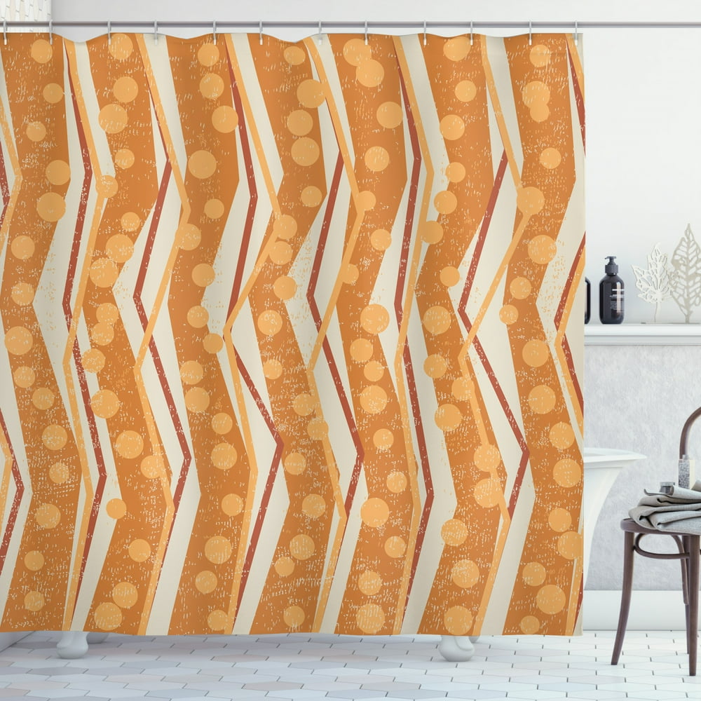 Burnt Orange Shower Curtain, Chevron Zigzags Pattern with Stripe and Dots Geometrical, Fabric