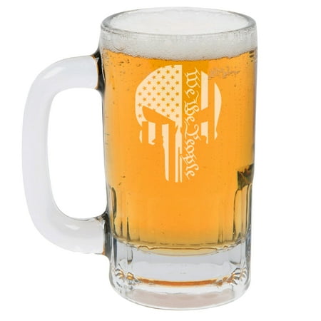 

12oz Beer Mug Stein Glass Gift We The People Skull American Flag